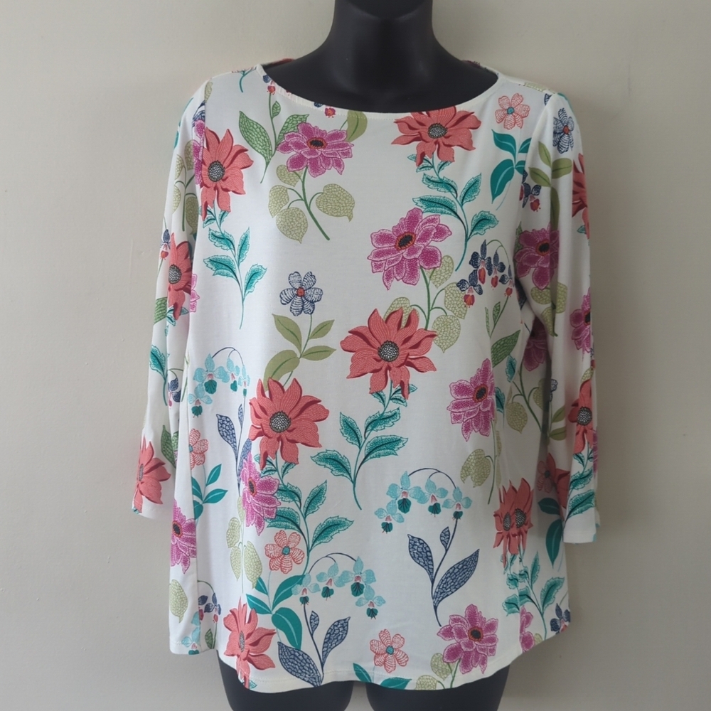 J.jill Stretch 3/4 Sleeve Boat Neck Floral Print Women's Top Size Small Feminine